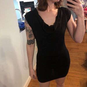 Susie Rose Black bodycon mini dress with lace details and cowl neckline.